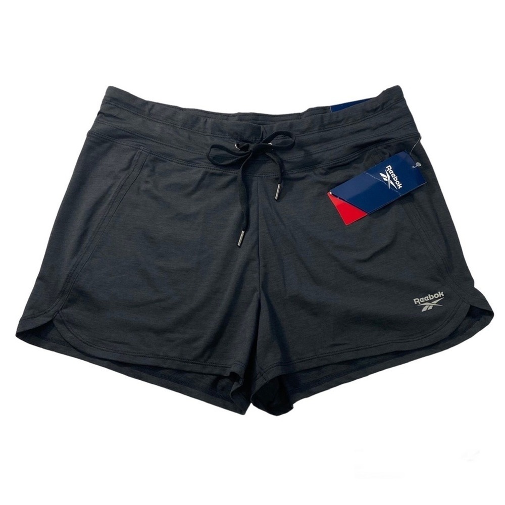 Reebok Slim Studio Athletic Shorts Women M Black Heather Drawstring Gym NWT
